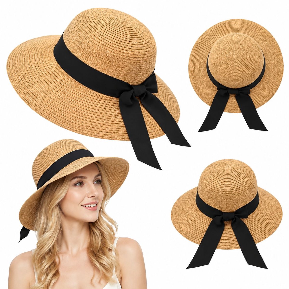 VHV - Zonnehoed dames - 55-58 cm - Hoed verstelbaar en vouwbaar - Opvouwbare strohoed - Rieten strandhoed - Strohoed UV werend - in de tuin