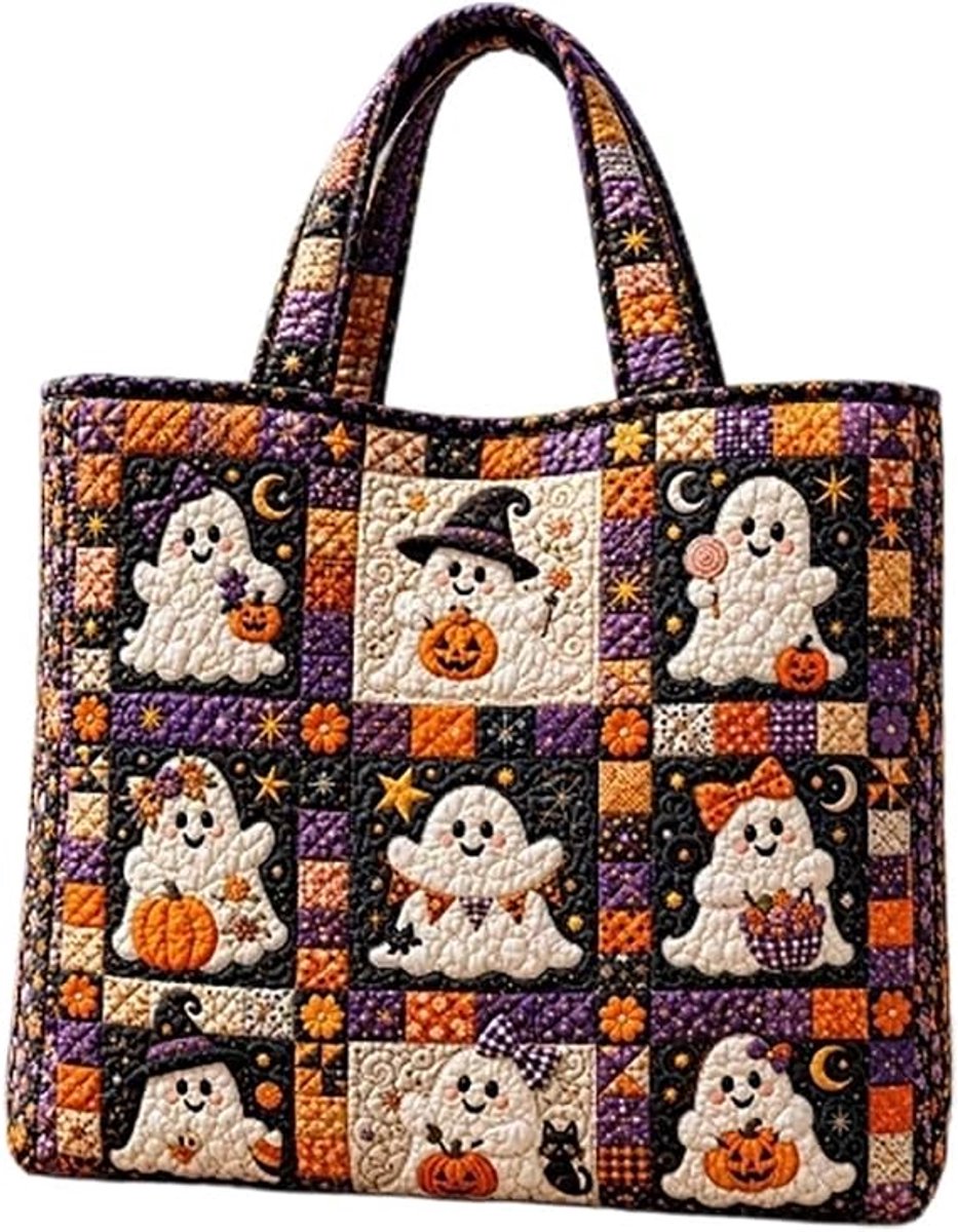 Halloween Trick-or-Treat Tote Bag - Reusable Boo Shoulder Handbag with Padded Strap - Pumpkin Cat Witch Novelty Print Sturdy Textile Bag for Candy Snacks Party Supplies for Kids & Adults