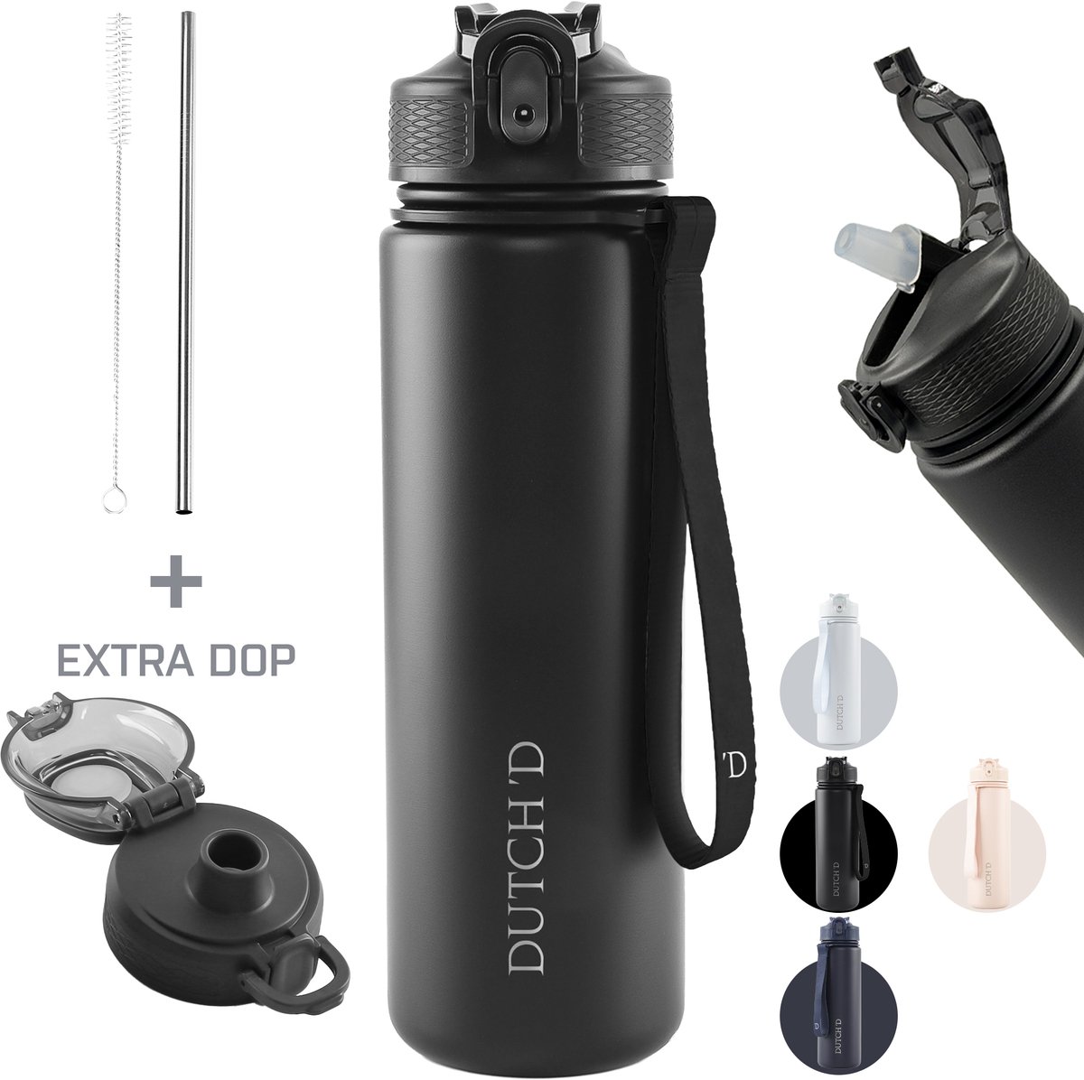Bol.com Dutch'D ® - RVS Thermofles - Drinkfles - 800ML - Waterfles met rietje - Thermosfles - Dubbelwandige isolatie - Thermofle... aanbieding