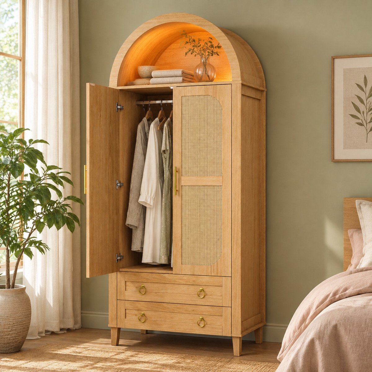 MIVRAY Kledingkast - Boogvormig Open Bovenvak Met Ledverlichting - Voor Slaapkamer En Kleedruimte - MDF En Spaanplaat - 76x50x184 Cm - Naturel Natuurlijk