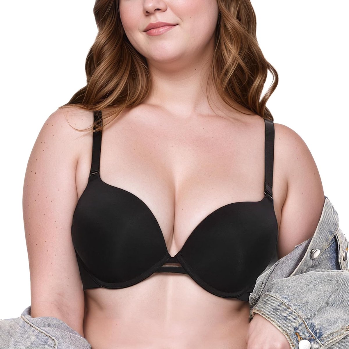 Damesbeha met beugel, T-shirt-beha, glad design met V-hals en ademend, zwarte beugelbeha met ventilatie aan de voorkant, perfect voor dagelijks gebruik en kantoor (controleer de maattabel)