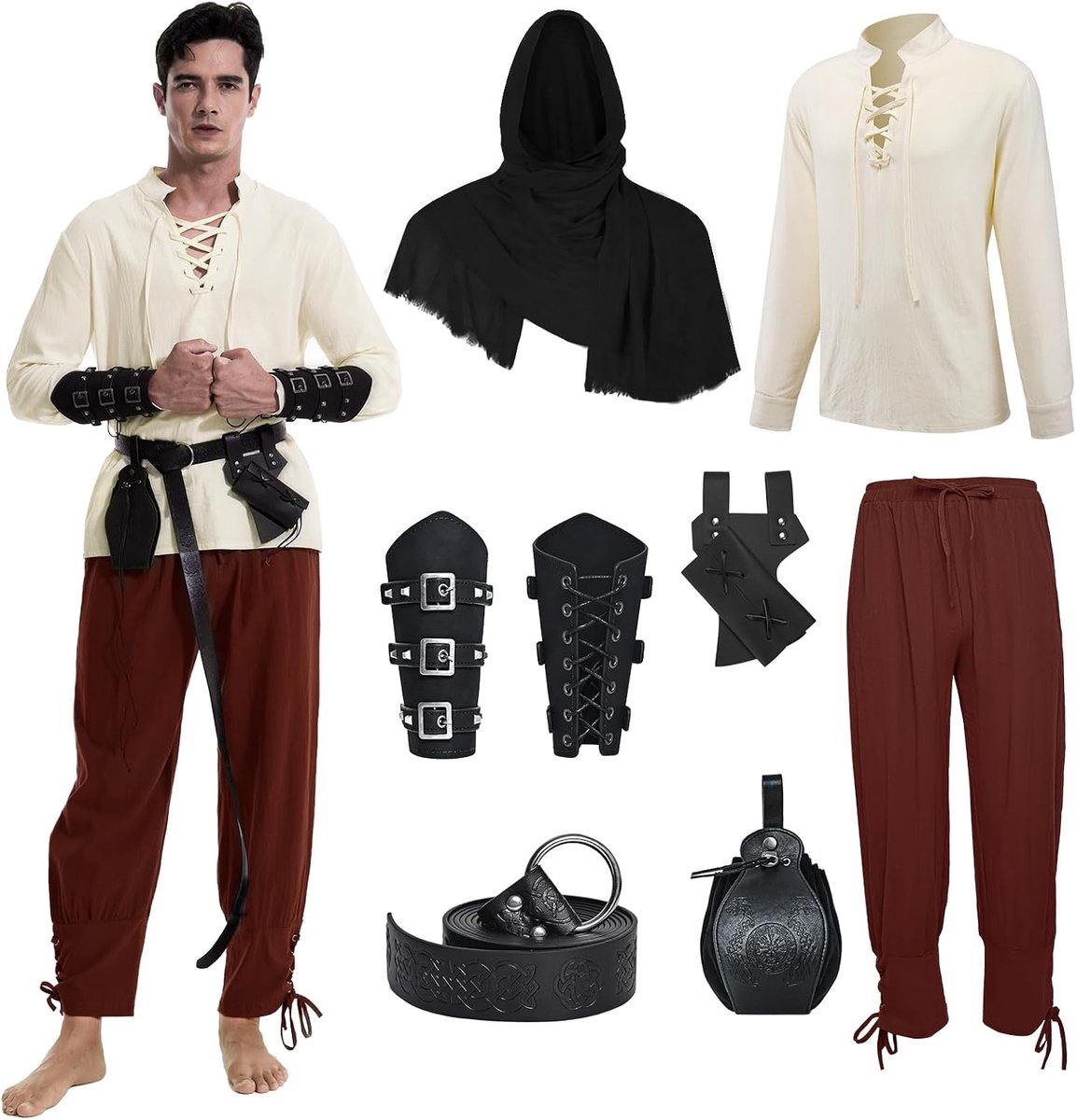 Renaissance-kostuum voor heren, Viking-kostuum, veterhemd, herenbroek met accessoires, Halloween-kostuum voor cosplay, maskerade, tovenaar