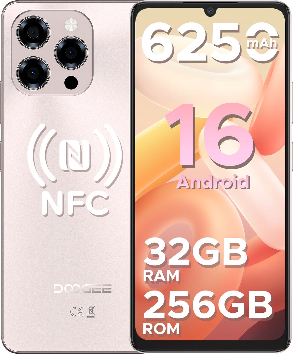 DOOGEE Note58 Pro 4G - Smartphone - Mobiele Telefoon - 32 GB RAM + 256 GB ROM - Android 16 - 6250 mAh - 6,75" HD + 90 Hz - AI Camera 16 MP- Octa Core - Dual SIM- NFC - Goud