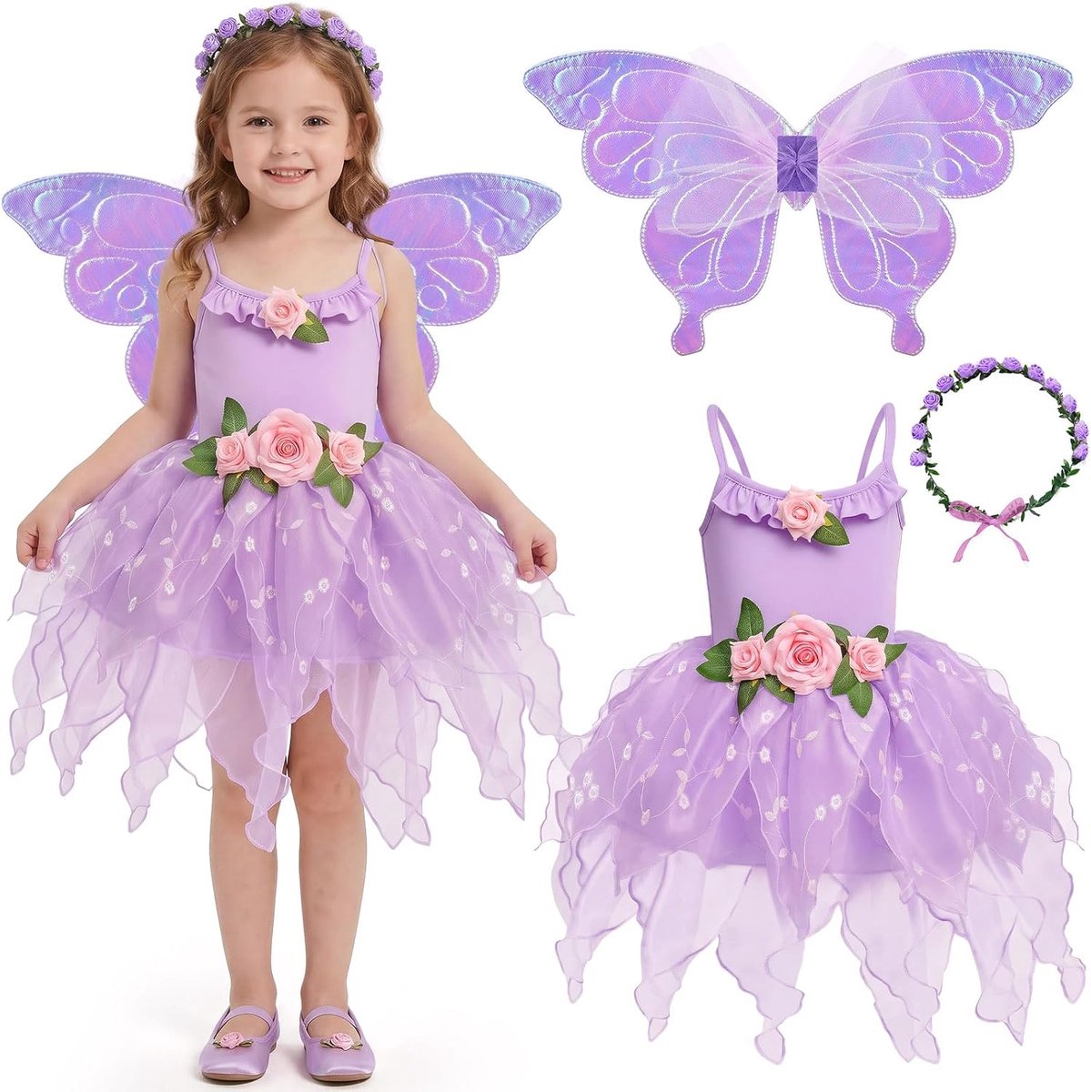 Feeënkostuum voor meisjes, 3, 4, 5, 6, 7, 8 jaar, met vlindervleugels, feeënjurk en bloemenkrans, prinsessenfeeënkostuum voor carnaval, Halloween, verjaardag