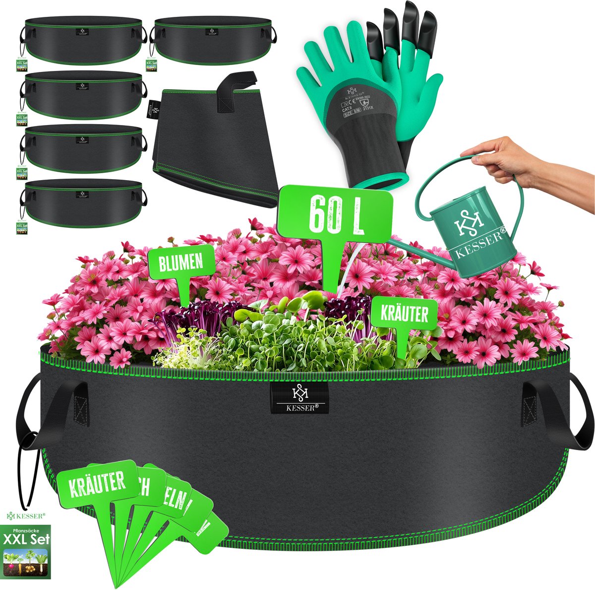 KESSER® Plantenzak van vliesstof - Met venster, handvatten en naamkaartjes - 60 liter 5-delig - Zwart
