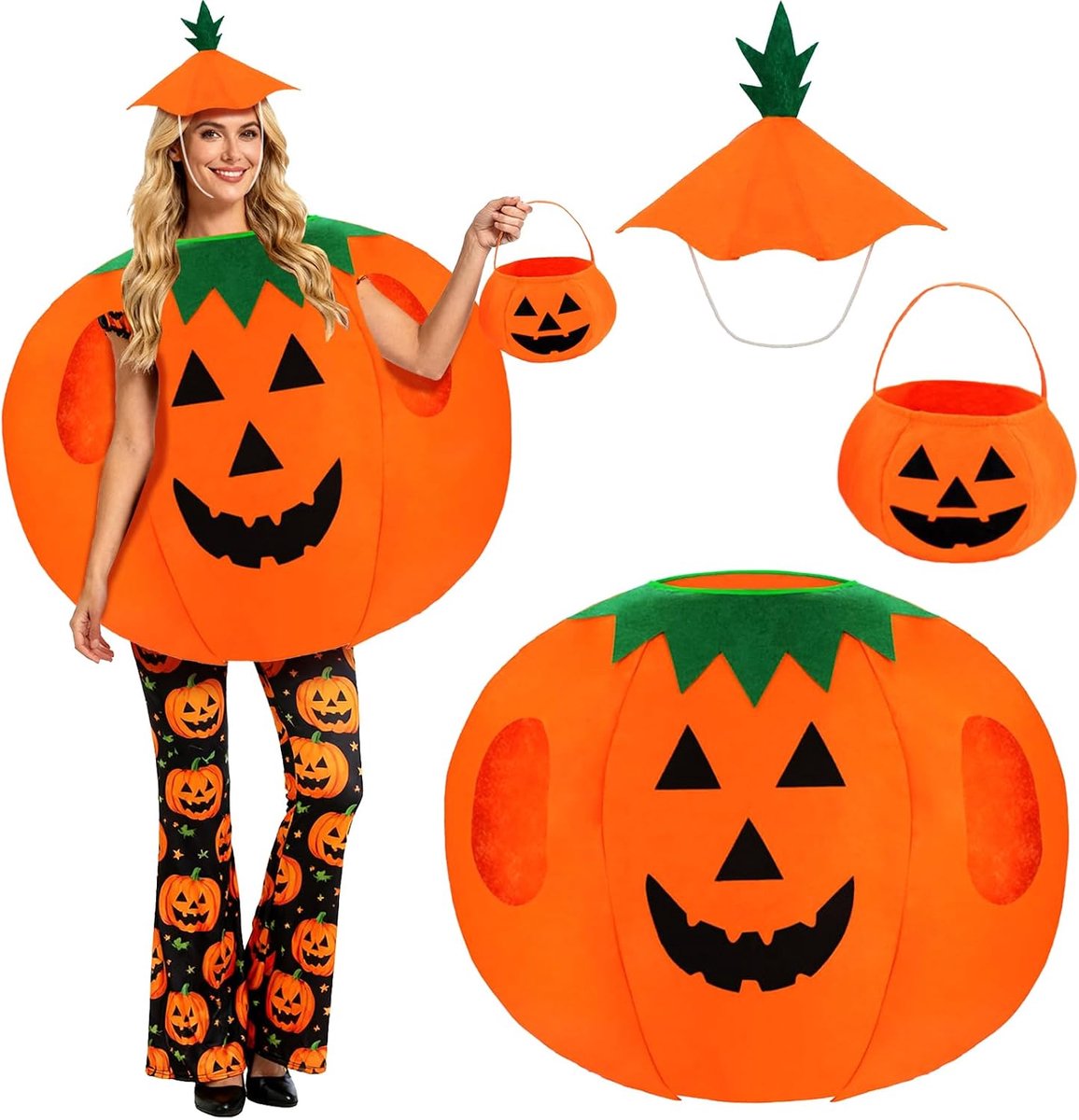 Kostuum Halloween, Pompoen Kostuum Volwassenen, 3 Delig Set met Pompoen Pak, Hoed en Handtas, Geschikt voor Halloween Feesten, Rollenspelen en Carnaval