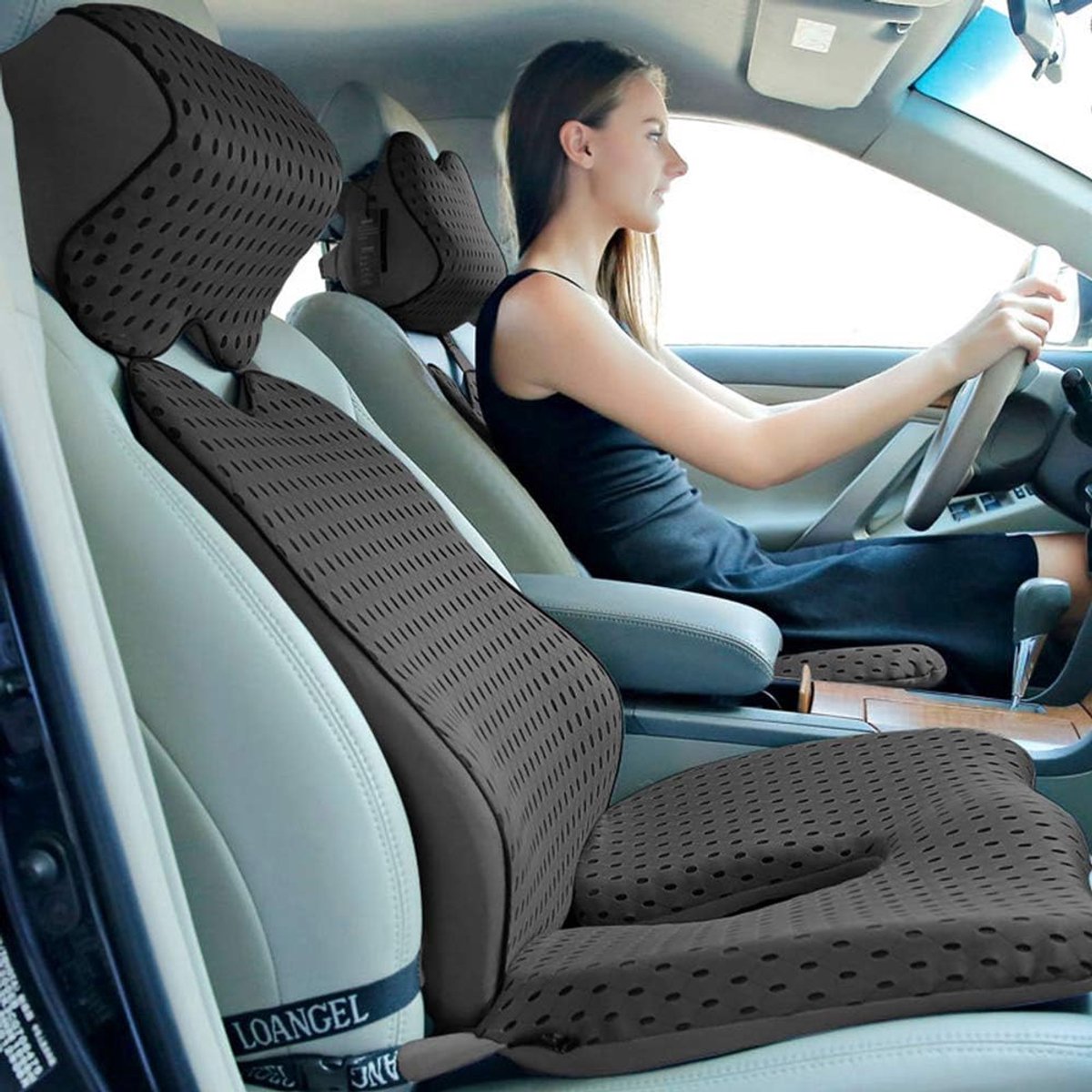 Orthopedisch Zitkussen met Lendensteun en Hoofdsteun - Ergonomisch Memory Foam Kussen - Auto, Bureaustoel en Rolstoel - Donkergrijs