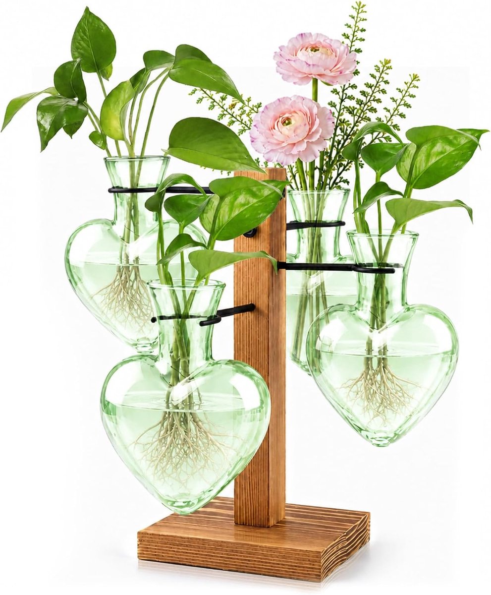 Stekstation met Houten Standaard Glazen Vazen, Groen