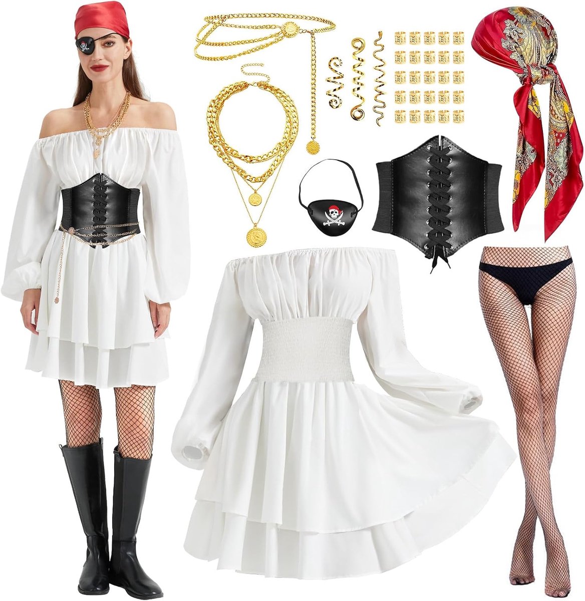 Piratenkostuum voor dames, piratenkostuum vrouwen, witte piratenjurk, outfit met piratenkorset, hoofddoek, oogkleppen, riem, halsketting, haaraccessoires voor Halloween, carnaval