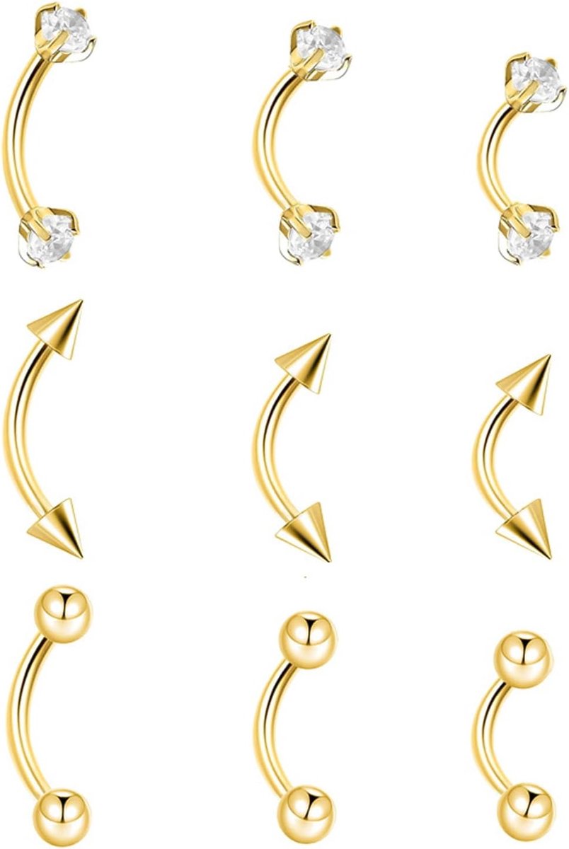 9 STKS Gouden Wenkbrauw Piercing Sieraden Titanium, Rook Sieraden Goud Chirurgisch Staal Zilveren Wenkbrauw Ringen voor Vrouwen Mannen CZ Tiny Labret Lip Daith Navel Navel Navel Helix Tragus Piercing