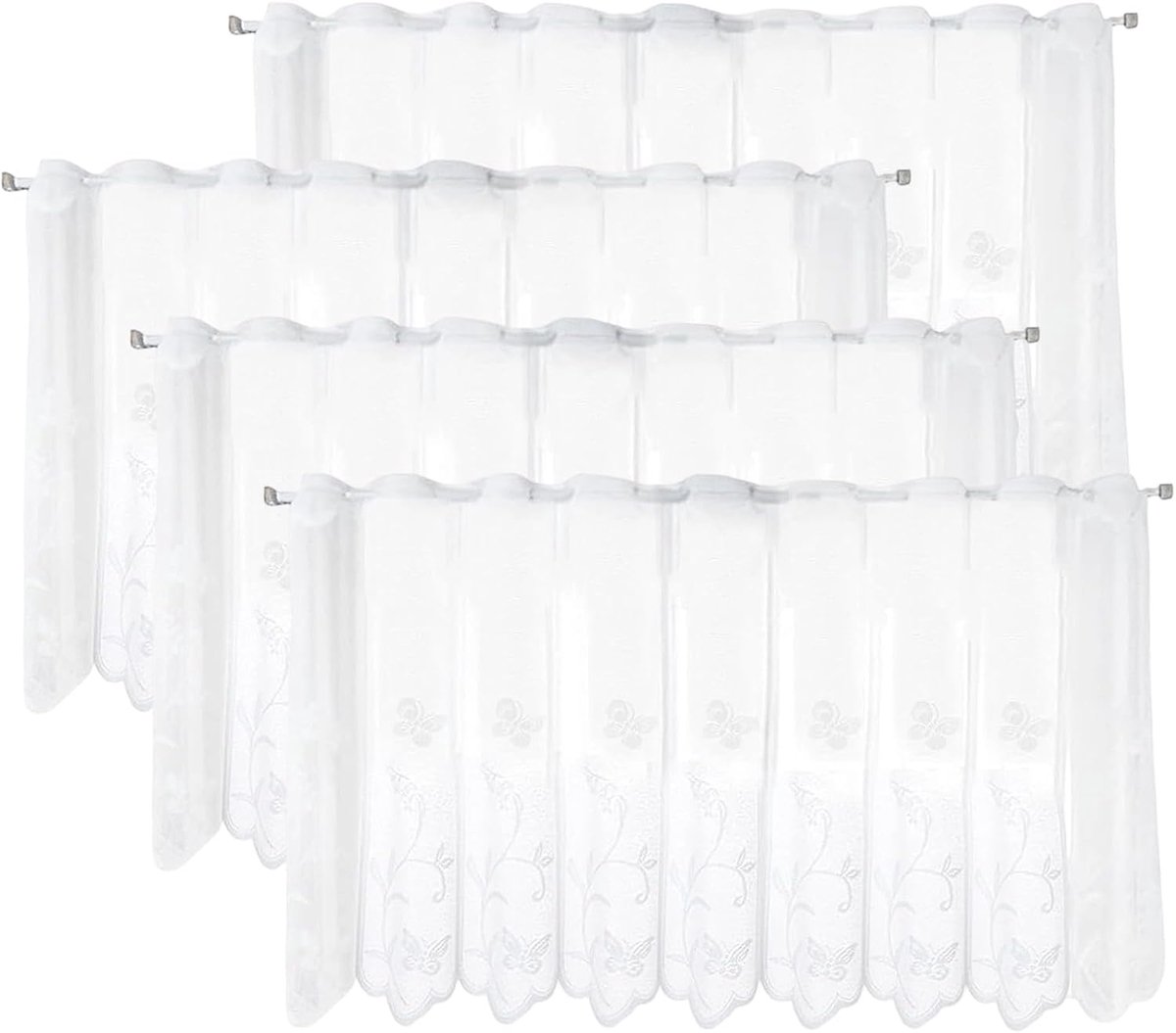 Bistrogordijn, modern, set van 4, 130 x 45 cm, korte gordijnen, halftransparant, vitrage voor keuken en woonkamer, ondoorzichtig, met kantpatroon, wit