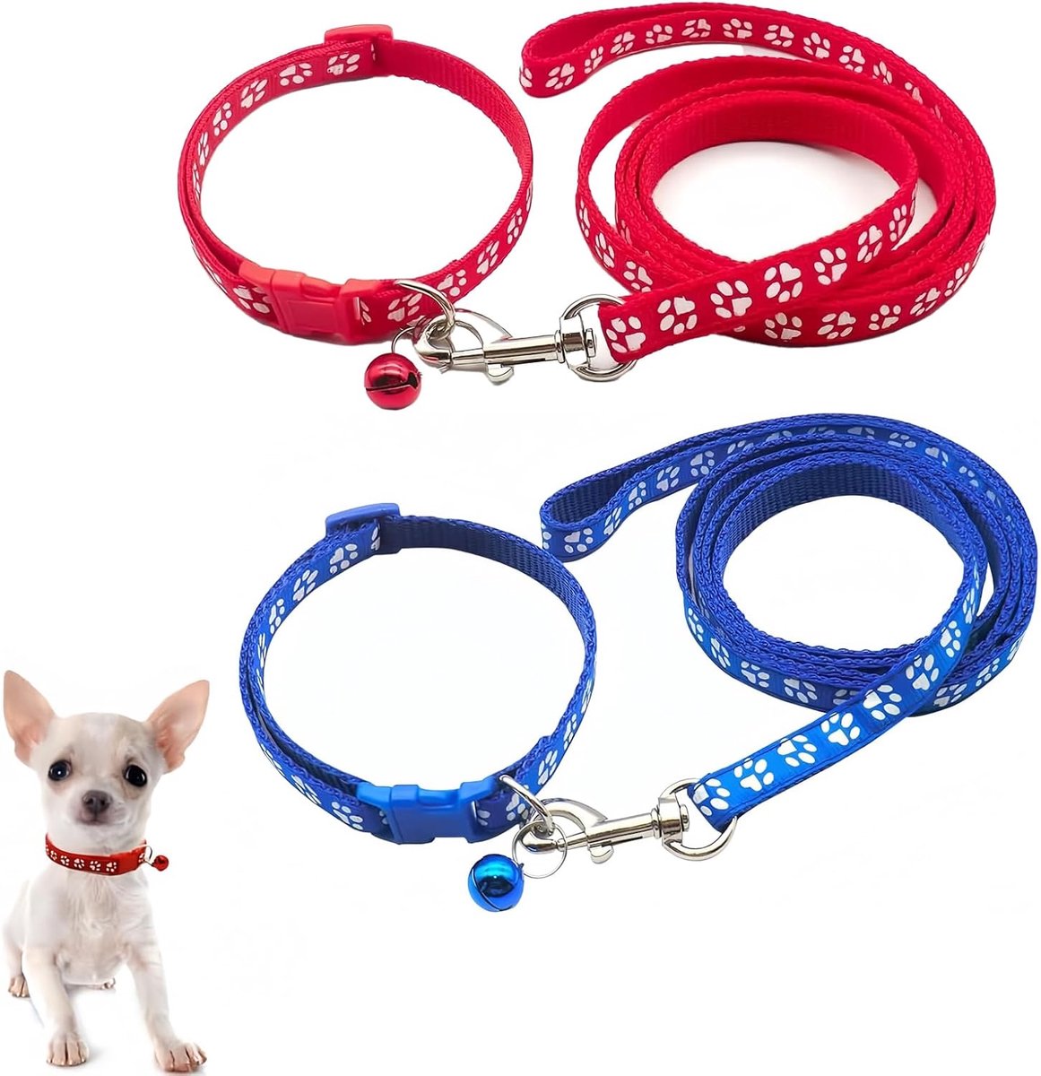 2 stuks hondenhalsband en leiband set verstelbaar voor kleine hond en kat puppy kitten, nylon halsband met quick release gesp, 120 cm riem rood en blauw duurzaam en comfortabel