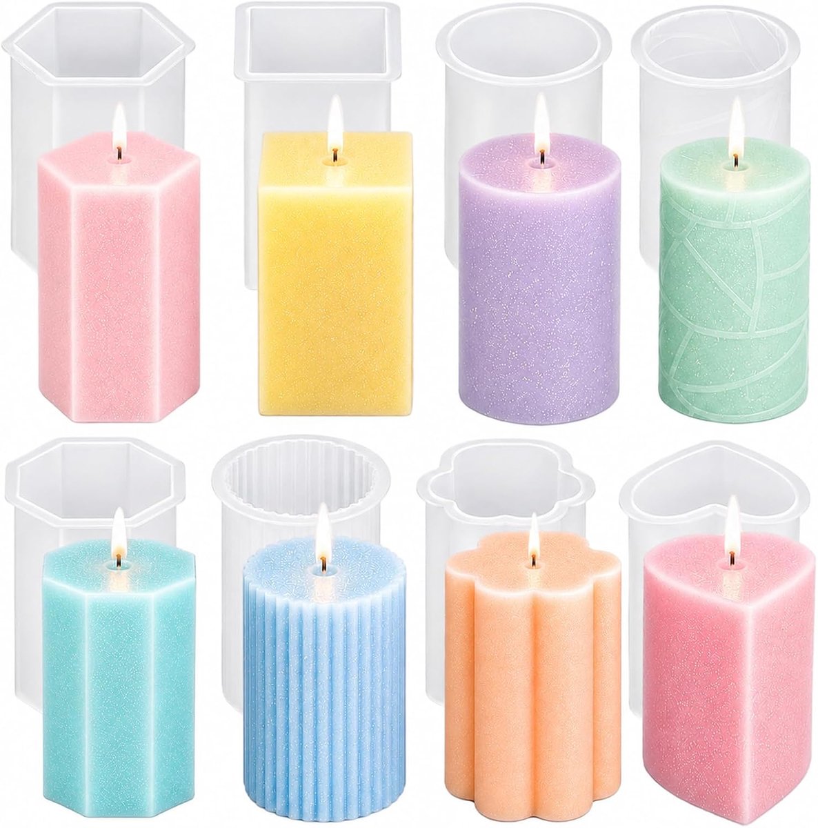 8 stuks siliconen kaarsvormen, cilinder, 3D-gietvormen, DIY, ronde wasvorm, zacht, elastisch, herbruikbaar, sojawas, bijenwas, bruiloft, Kerstmis, feestdecoratie, gemakkelijk te ontvormen, familie