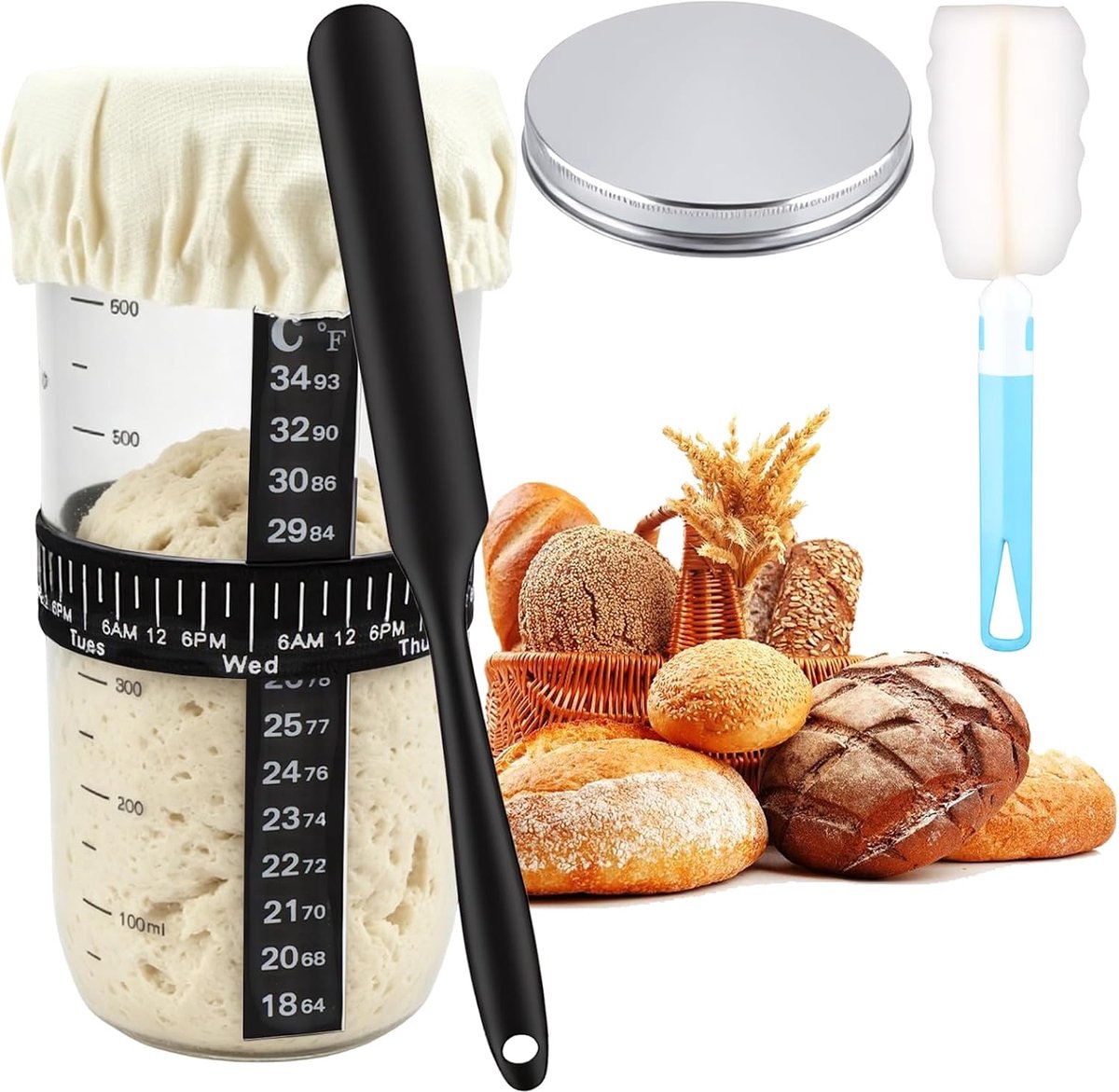 Starterset, gistglas, aanzetgoed, glazen container, 730 ml, zuurdeegglas, kit met dattel, voederband, thermometer, deksel, siliconen spatel