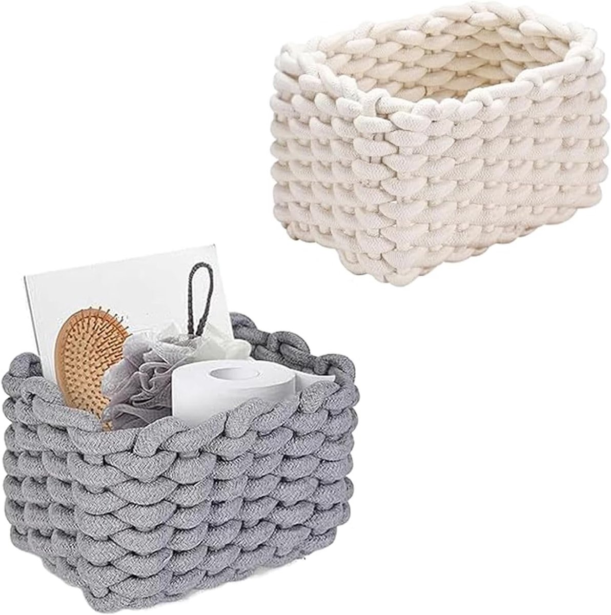Katoenen gebreide mand, 2 stuks, gevlochten opbergmand, 19 x 15 x 12 cm, kleine mand, gevlochten katoen, voor bureaus, kaptafels en badkamer, wit, grijs