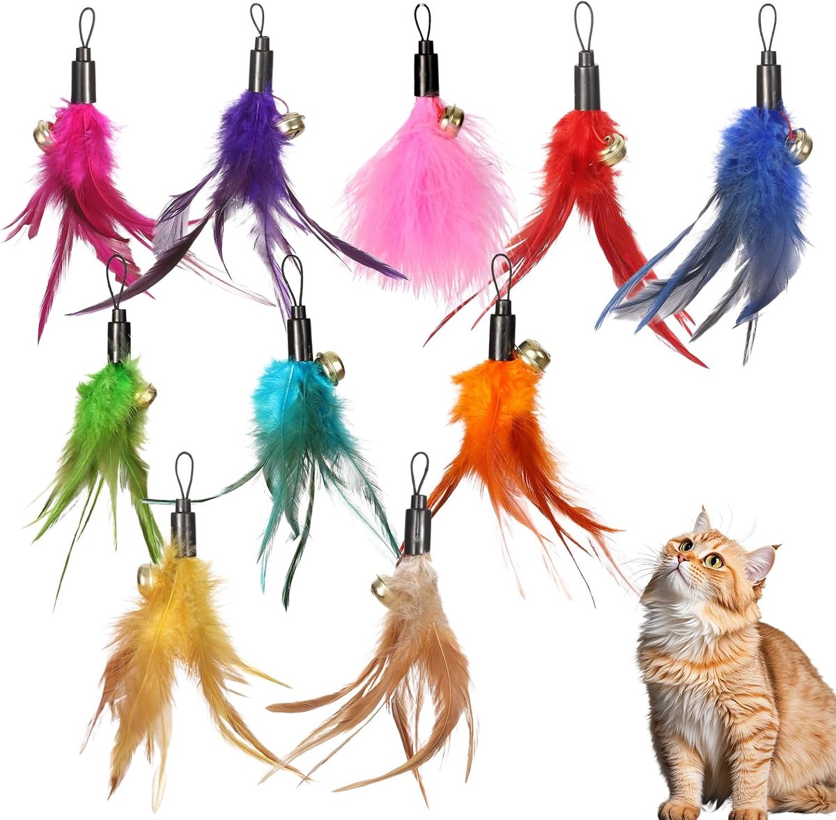 10 stuks kattenspeelgoed, veren met belletjes, interactief speelgoed voor katten, veerspeelgoed van natuurlijke veren, navulverpakkingen voor kattenspeelgoed voor beweging, interactief spel