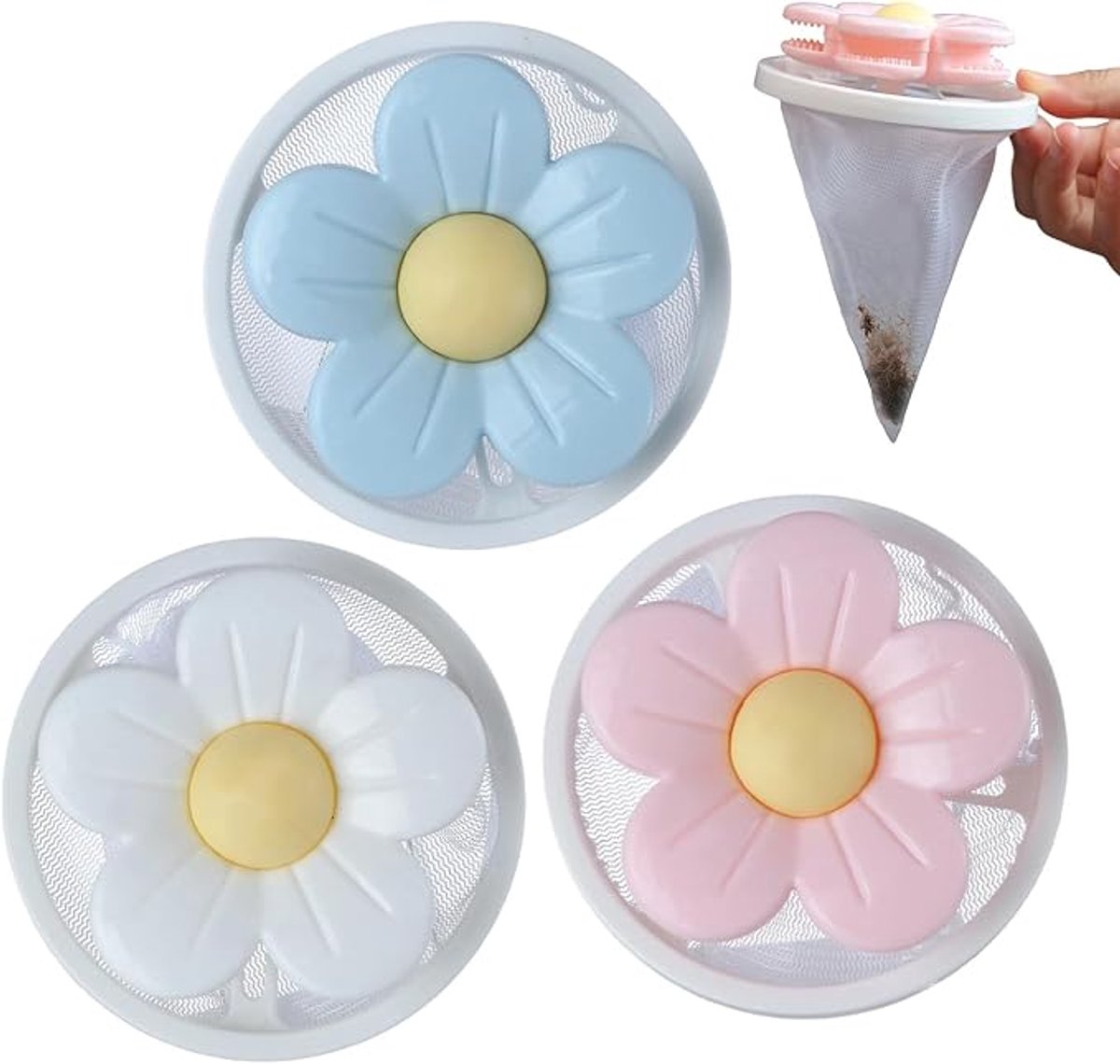 3 stuks bloemvormige wasmachine haarfilter, universele lintzeef voor wasmachine, vangt haar en pluisjes op