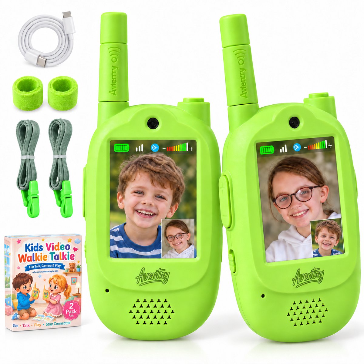 Aventry® Walkie Talkie voor Kinderen - Groen - Video Walkie Talkie met Camera - Portofoon - Oplaadbaar - Kids Speelgoed - Set van 2 Walkie Talkies - Groen & Groen