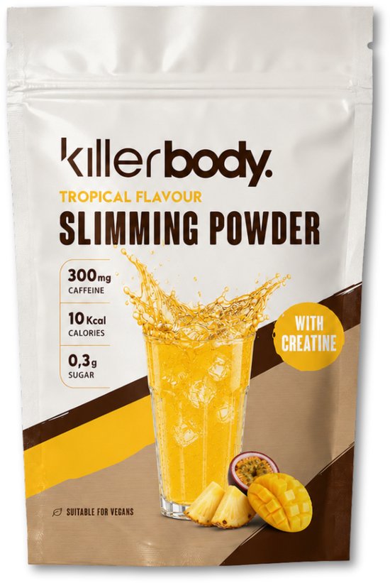 Killerbody Slimming Powder Tropical, met een glas tropische drank, 300mg cafeïne, 10 kcal en 0,3g suiker. Geschikt voor veganisten.