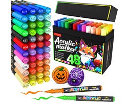 PromoHome Acrylverfstiften Set van 48 Kleuren - Permanente Verfmarkers met Penseelpunt voor Stenen, Stof, Hout, Glas, Papier en Plastic