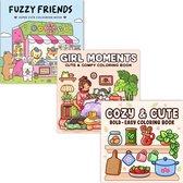 Kleurboeken Set van 3 - Girl Moments - Cozy & Cute - Fuzzy Friends - Ook voor Volwassenen - Kinderen - meer dan 150 kleurplaten - 21,5 x 21,5 cm - Merkloos