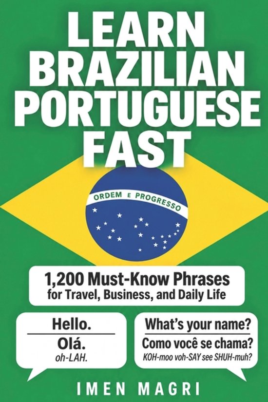 Leerboek 'Learn Brazilian Portuguese Fast' met de Braziliaanse vlag op de achtergrond.