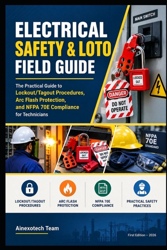 Gids voor elektrische veiligheid en LOTO met foto's van vergrendelingsapparatuur en veiligheidsprotocollen.