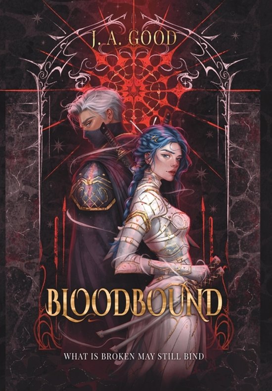 Boekomslag 'Bloodbound' met een man in duistere kledij en een vrouw in witte harnas, J.A. GOOD