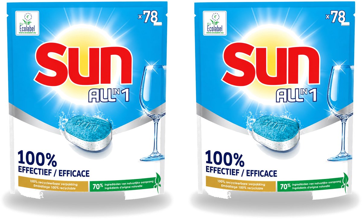 2 x Sun All-in-1 - Eco Label - Vaatwastabletten - 78 Tabletten - Voordeelverpakking - 2 stuks