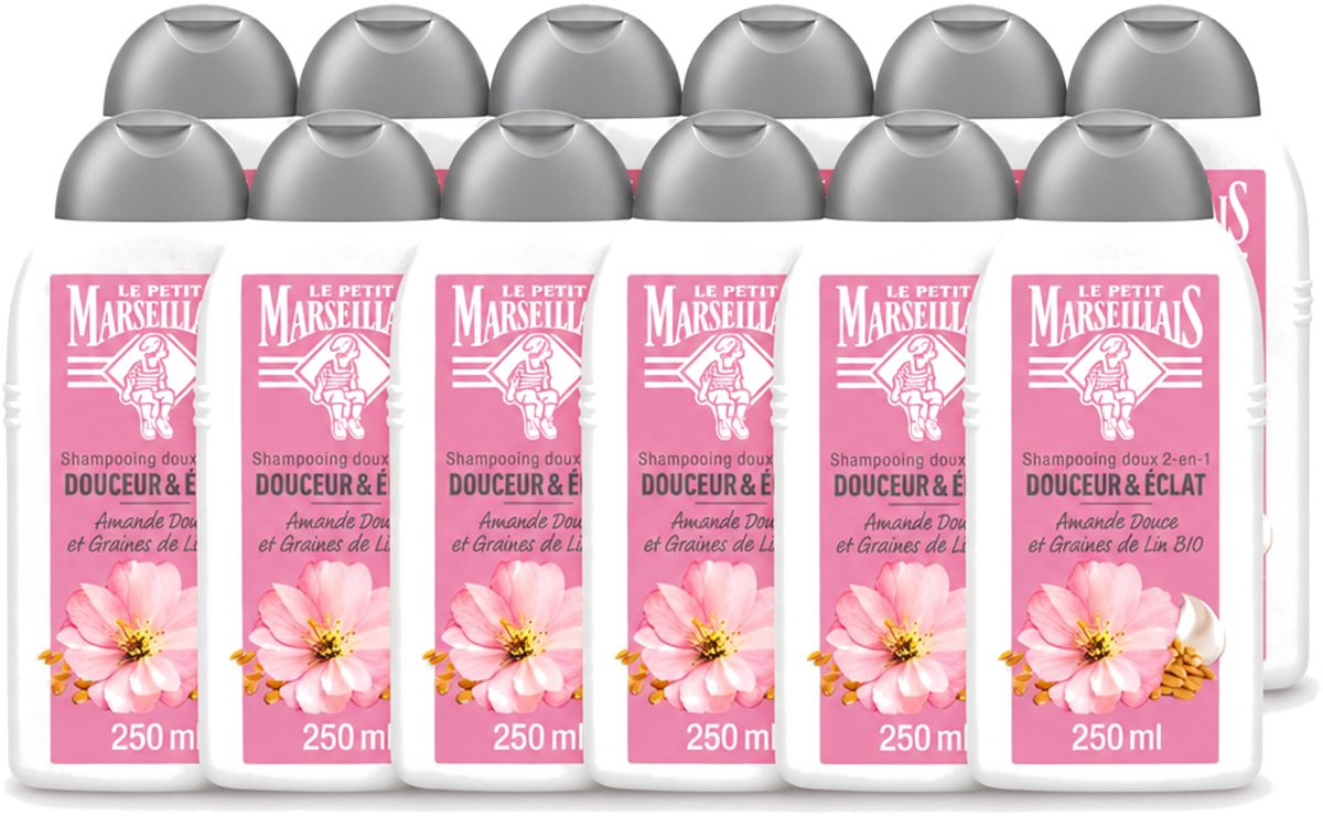 12 x Le Petit Marseillais – Shampoo – Amande Douce & Graines de Lin Bio – 250 ml - Voordeelverpakking - 12 stuks