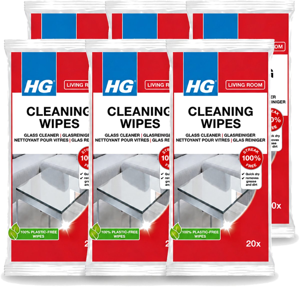 6 x HG - Woonkamer - Glasreinigingsdoekjes - Reinigt Streeploos - 20 Doekjes - Voordeelverpakking - 6 stuks
