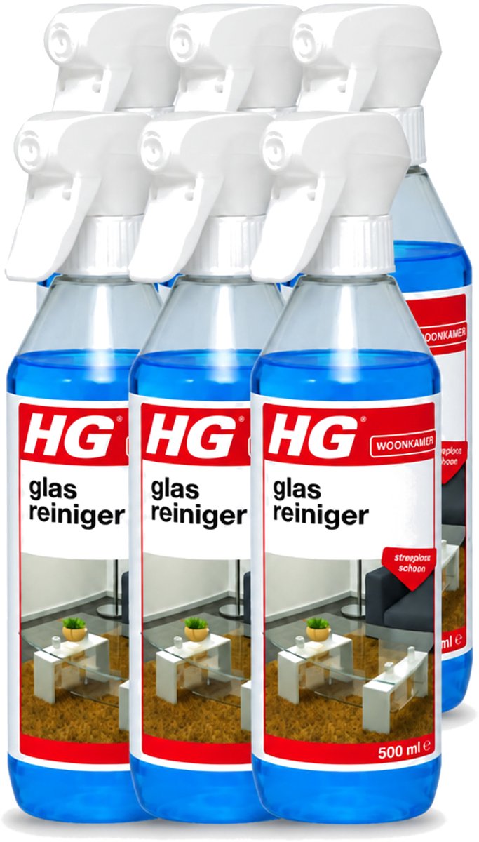 6 x HG - Glasreiniger Spray - Streeploos Schoon - Ontvet & Droogt Snel - 500 ml - Voordeelverpakking - 6 stuks