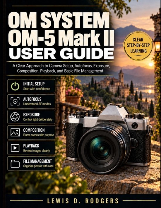 Boekomslag van OM SYSTEM OM-5 Mark II gebruikershandleiding met afbeelding van een camera en zonsondergang op de achtergrond.