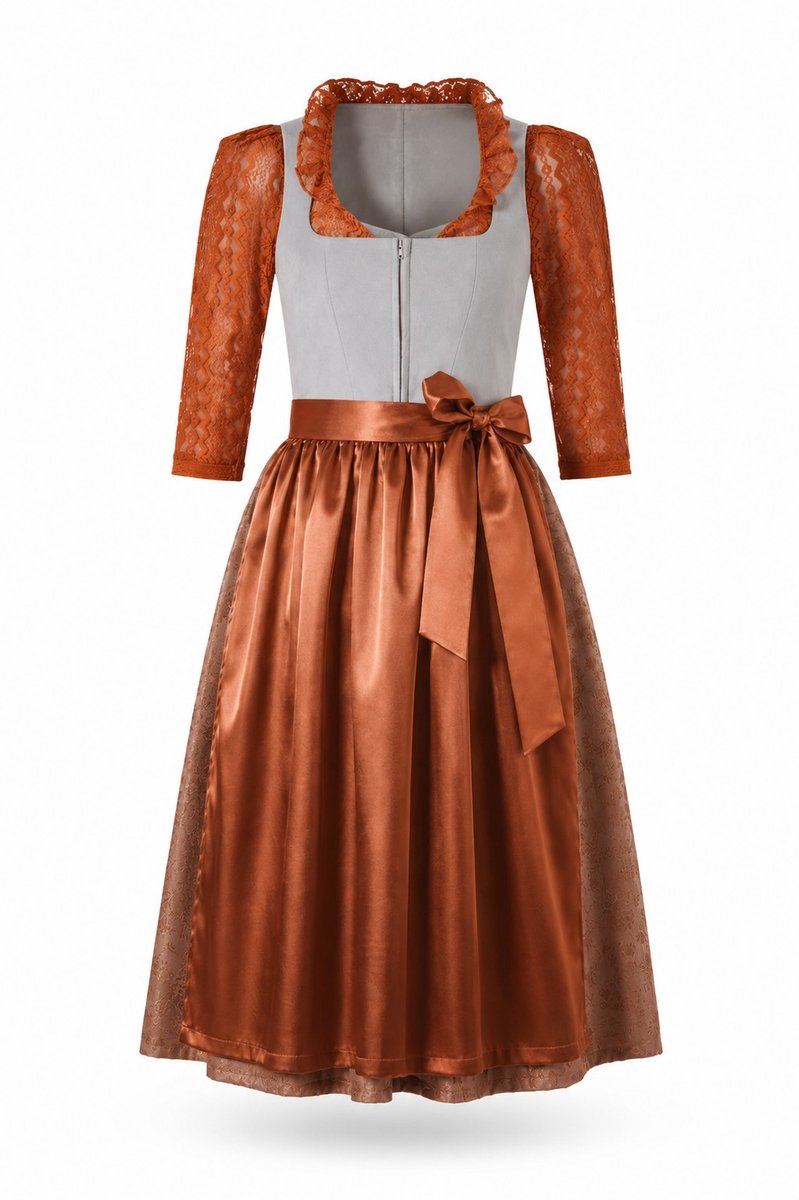 Harmony 2-delige Dirndl (jurk + schort) in Grijs/Lichtbruin/Oranje