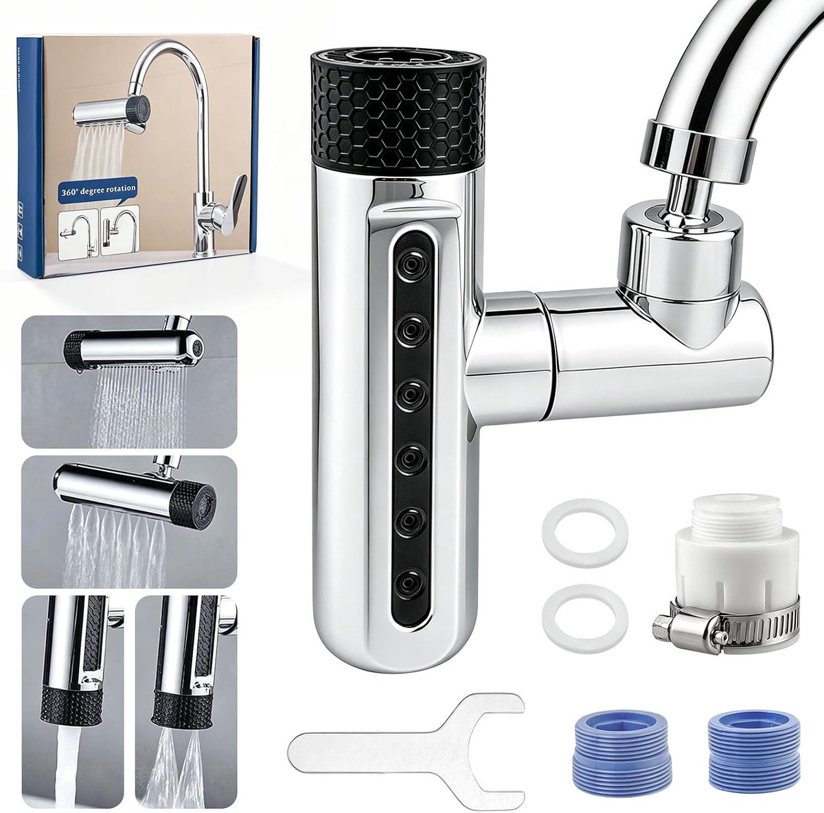 4-in-1 watervalkraan, 360° draaibare kraan, 4 modi, multifunctioneel, spatwaterdicht, watervalopzetstuk, draaibaar, met adapters voor keuken, badkamer