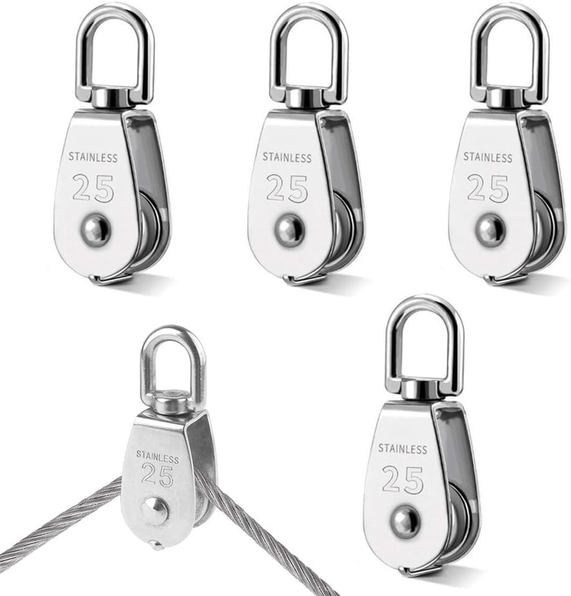 4 stuks M25 ombuigrollen 304 roestvrij staal riemschijf roterende takel enkele set roller voor kabels tot 11 mm diameter draagkracht 150 kg