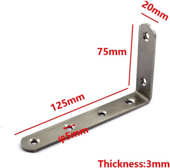 (4 stuks) 125x75x3mm hoekconnector hoekbeugels (dikte 3mm) roestvrij staal L vorm beugels met schroeven — afbeelding 5