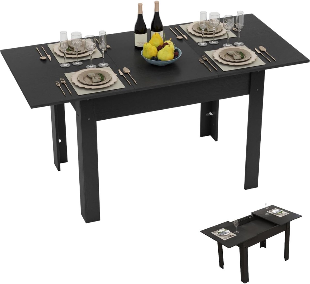 Eettafel, uittrekbaar, 105-150 cm, 4 tot 6 personen, zwart