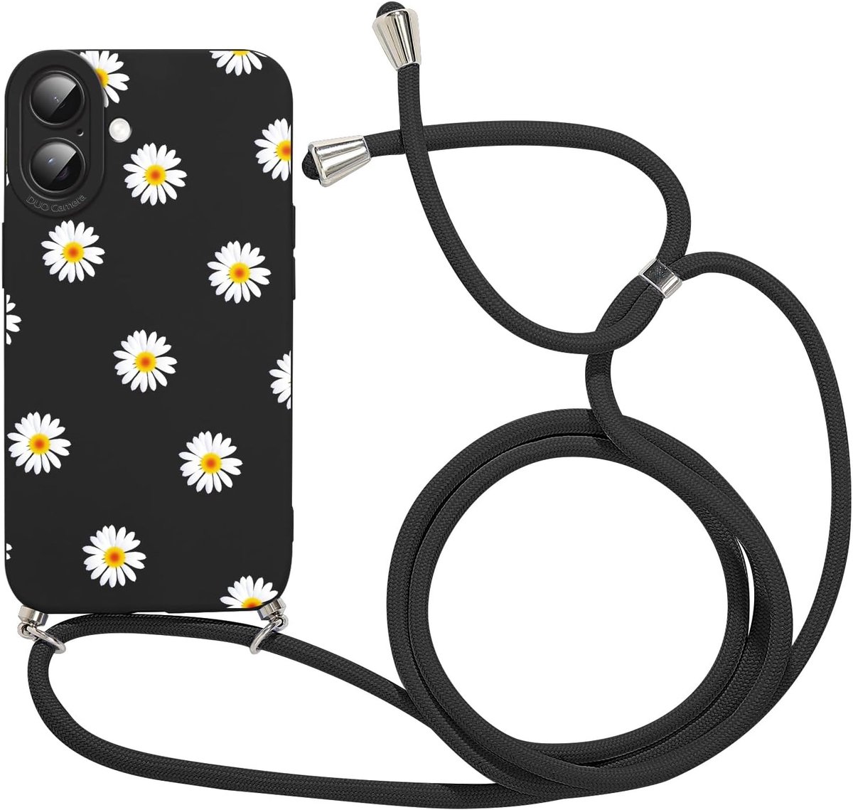 Telefoonband voor iPhone 16 hoesje met band 6,1'', esthetisch zwart madeliefjespatroon verstelbare halsketting telefoonhoesje met koord om om te hangen siliconen stootvaste beschermhoes met