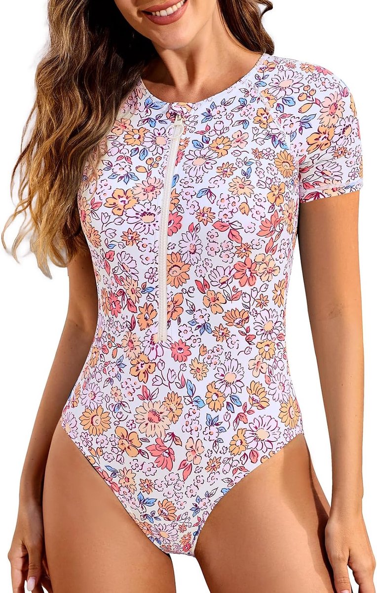 Badpak uit één stuk voor dames, met hoge hals en ritssluiting, zwempak voor dames, met korte mouwen, bescheiden zwemkleding, buikbedekkend, damesbadpak met kussentjes, push-up
