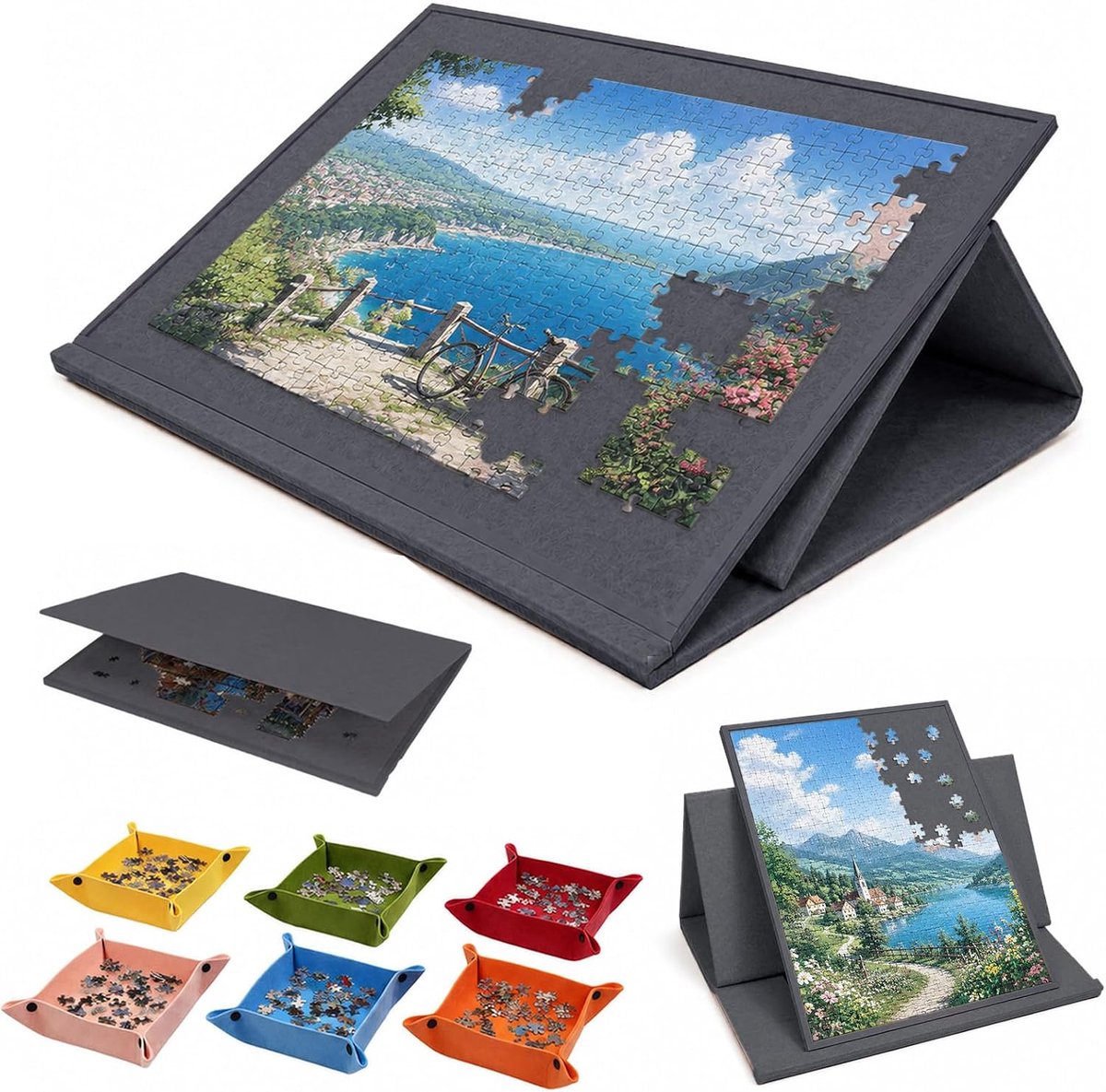 Puzzelbord met 6 gekleurde sorteervakken, kantelbare puzzelplank met 2-in-1 standaard en afdekking, accessoires voor puzzels, opbergplank voor 1000 stukjes (donkergrijs)
