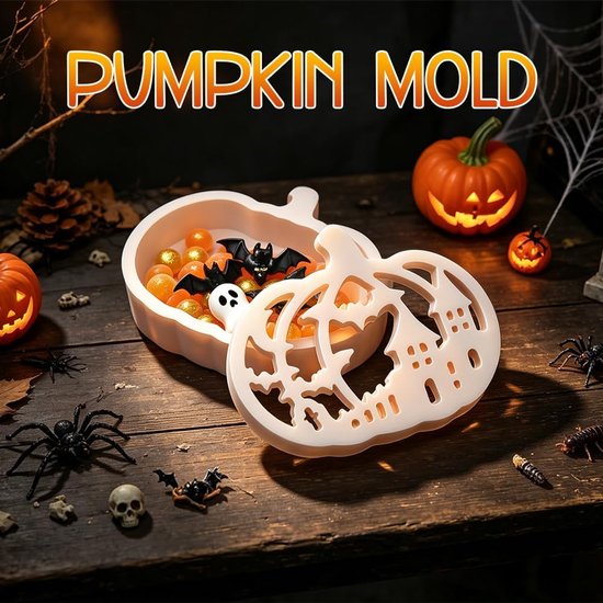 Vormen Halloween pompoen, 4 stuks siliconen mal pompoen met helloween elementen patroon, gietvormen siliconen Halloween, siliconen mal herfst, gipsvormen om te gieten voor doe-het-zelf — afbeelding 3