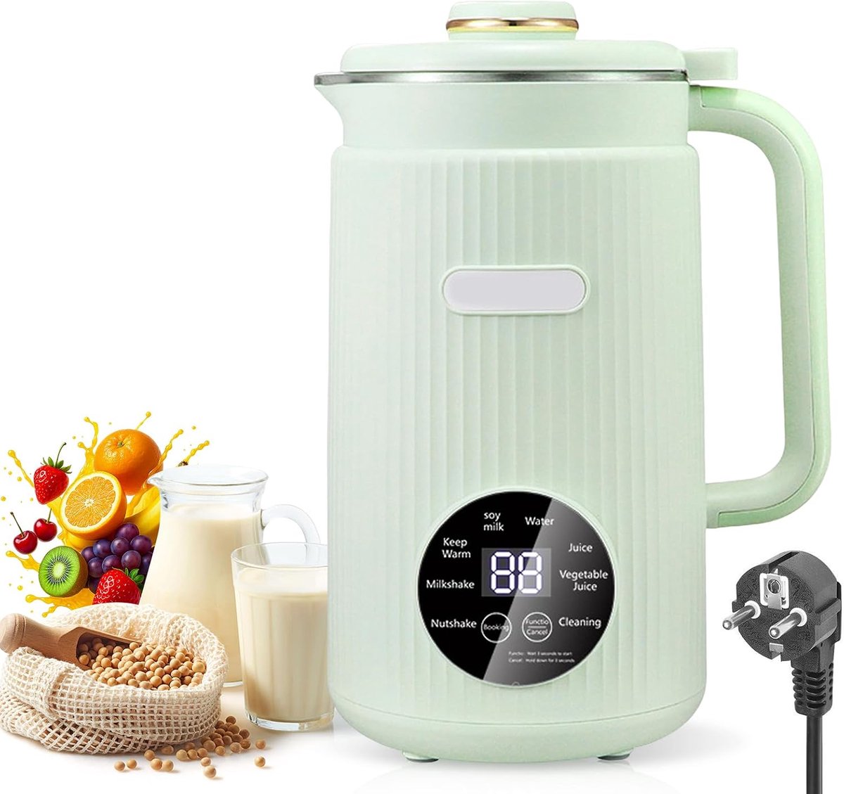 1200 ml sojamelkmachine, notenmelkmachine, 8-in-1, automatische amandelmelkmachine met 12 messen voor zelfgemaakte plantenmelk, haver, sojamit, 12 messen met timer, warmhoudfunctie (groen)