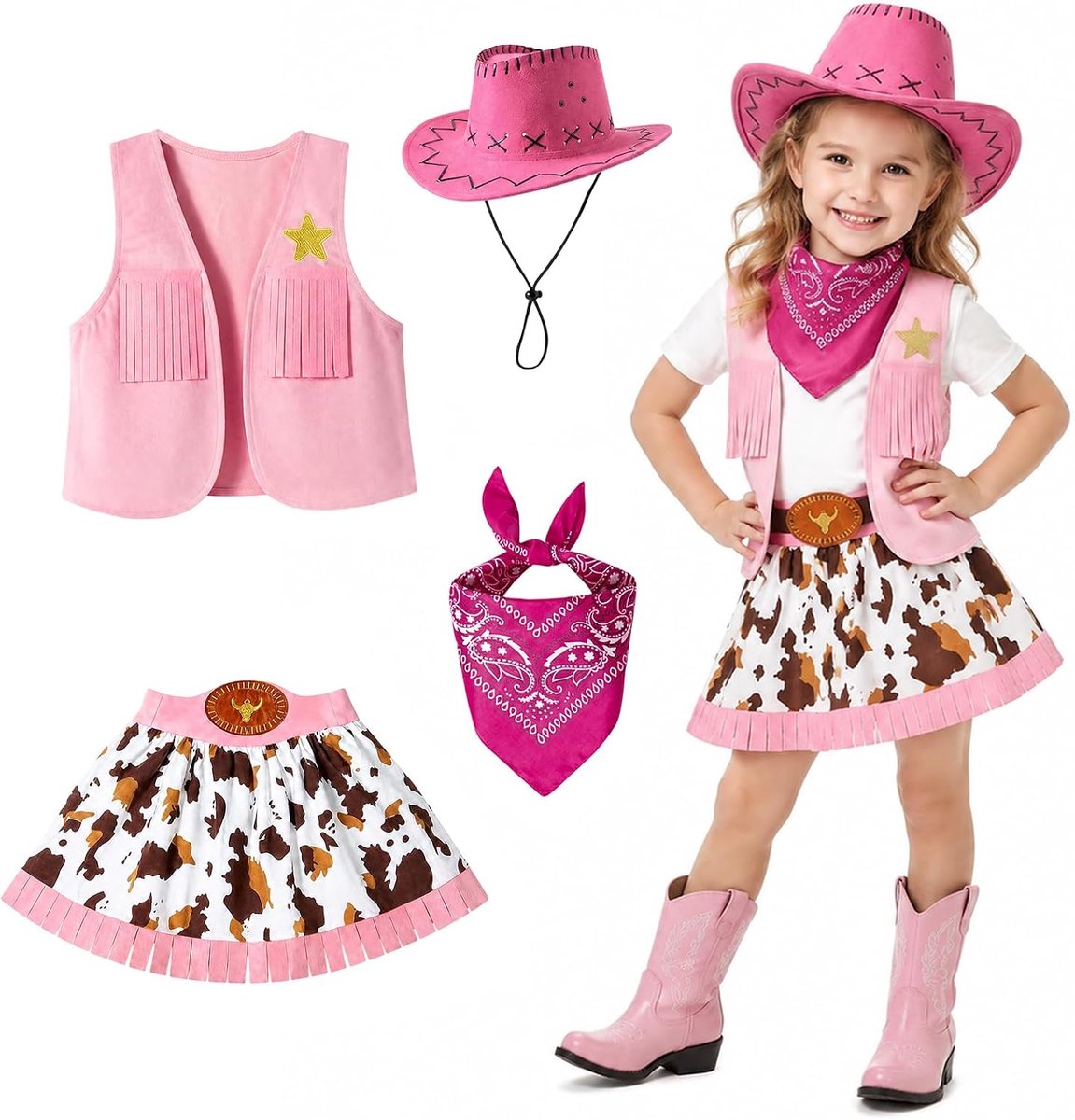 Cowboykostuum voor kinderen, 3-11 jaar, met cowboyhoed voor kinderen, vest, broek, riem, rode halsdoek en accessoires, carnaval, cosplay, outfit voor jongens