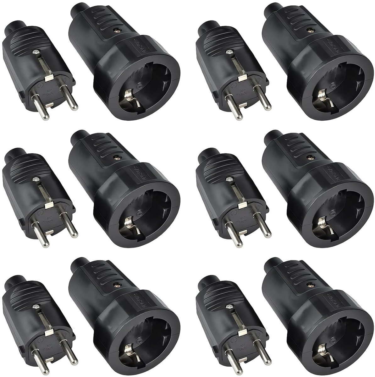 Stekker koppeling 250V: 6 paar IP44 geaarde stekkers met knikbescherming, 16 A 250 V 2-polige reisstekker adapter, geaarde koppeling voor buiten, zwart (36 × 36 × 77 mm)