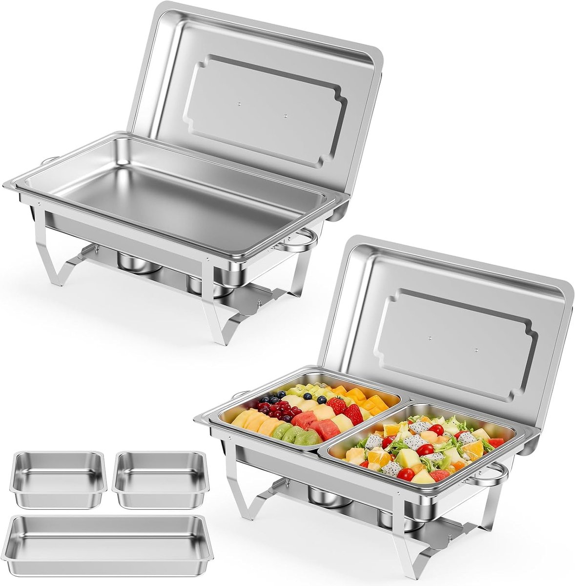 Dish Buffet 9 l, 2 stuks, warmbuffet, roestvrij staal, met voedselcontainers, halve maat, opvouwbaar, voor feestjes, bruiloften, diners, buffetten