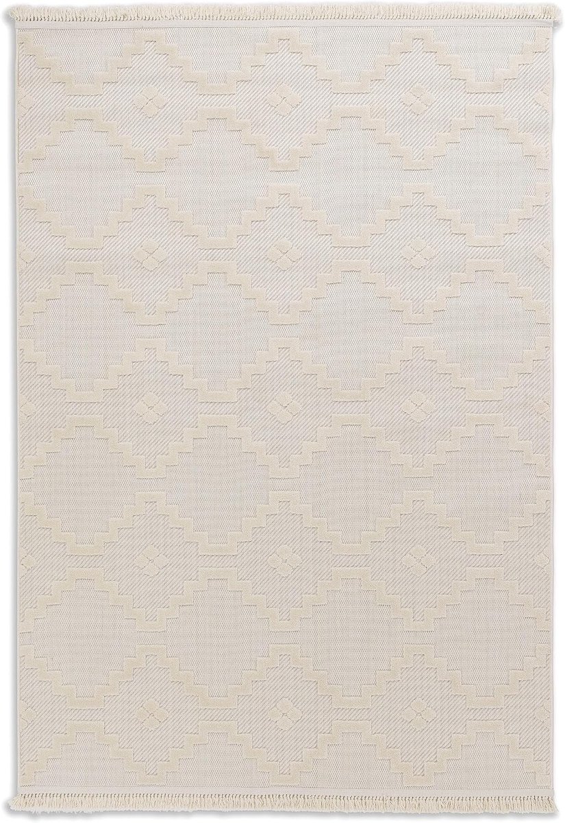 Tapijt weerbestendig - tapijt woonkamer - buitentapijt slijtvast balkon, terras, tuin - vierkanten crème 160 x 230 cm