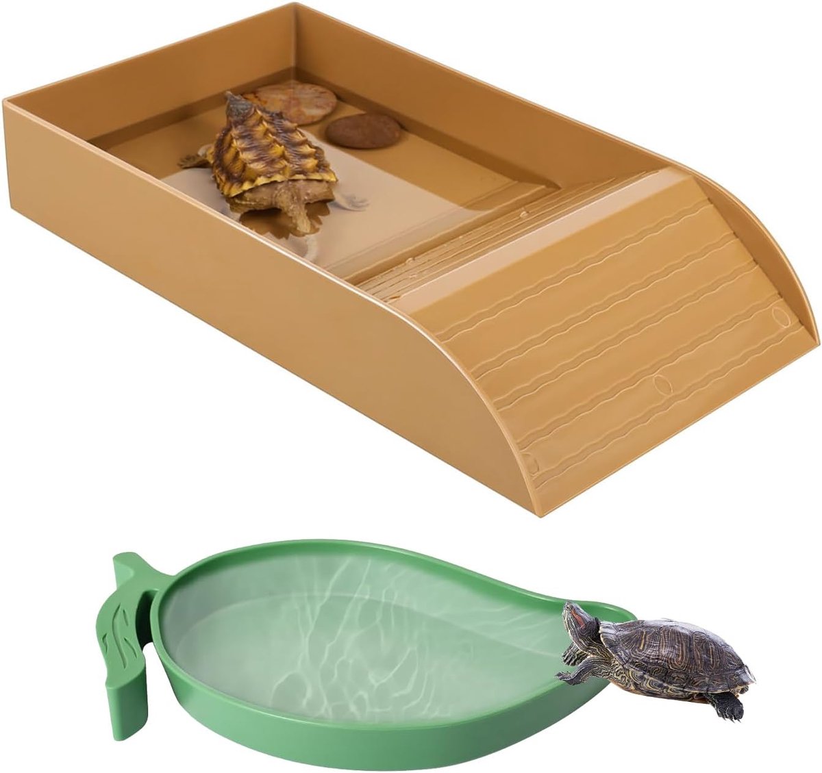 2 stuks reptielenbadjes, badkuip voor reptielen, antislip reptielen-zwembadkom met helling, schaal met helling en zonneplatform voor hagedissen, voor kruipdieren, hagedissen (bruin)