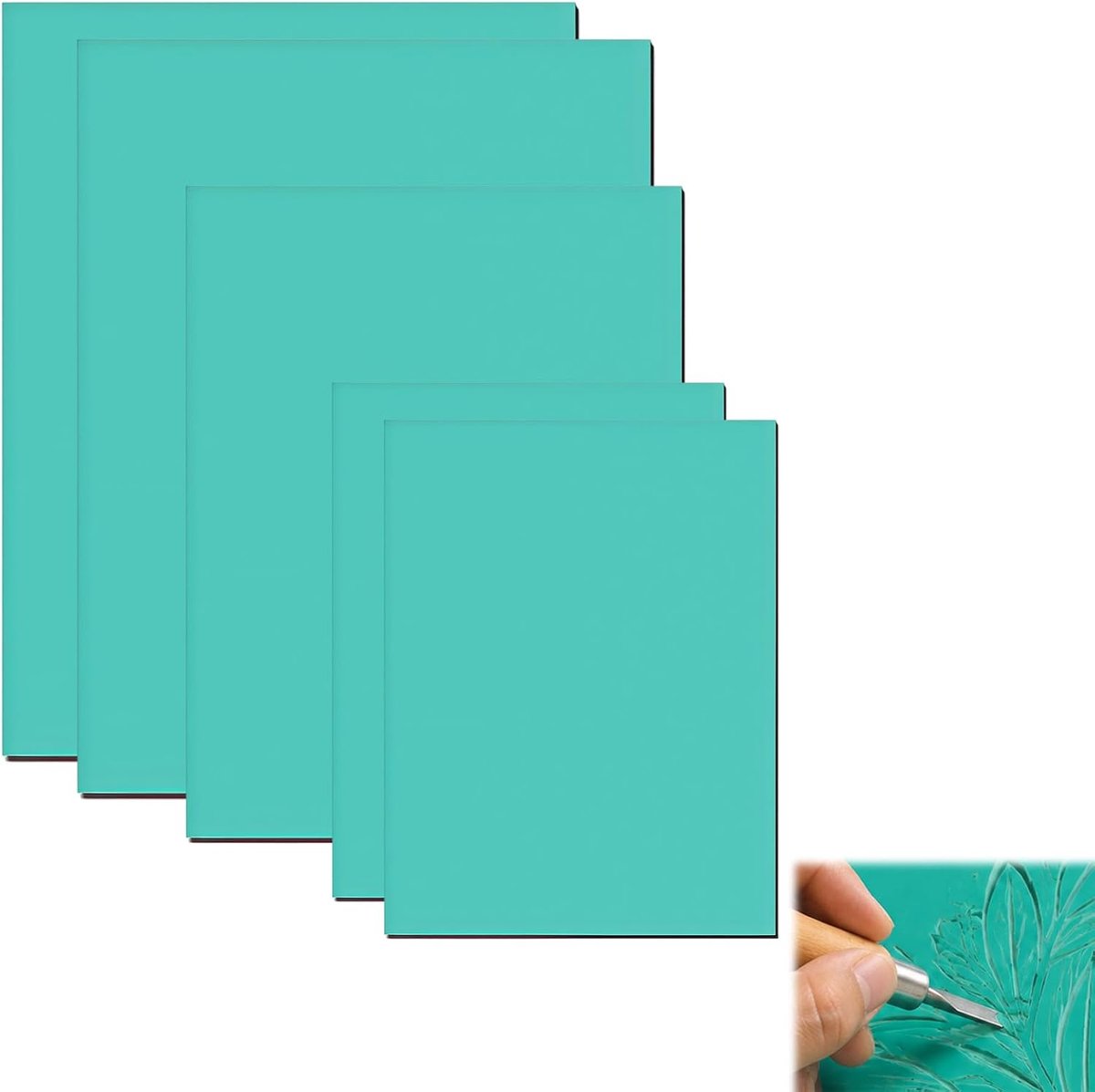5 stuks linolsnijplaten, zacht rubber, linolprintplaat, pvc, linoleumplaten, set 2 × A4, 1 × A5, 2 × A6 voor linolsnijden, gravure, stempels, knutselprojecten, ideaal voor beginners en