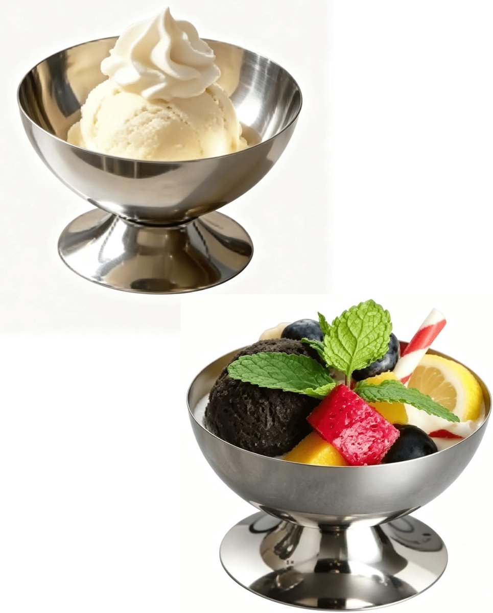 Roestvrijstalen ijsbekers, set van 2 dessertbekers met voet, elegant design, multifunctionele serveerschaal voor thuis, feesten, restaurants